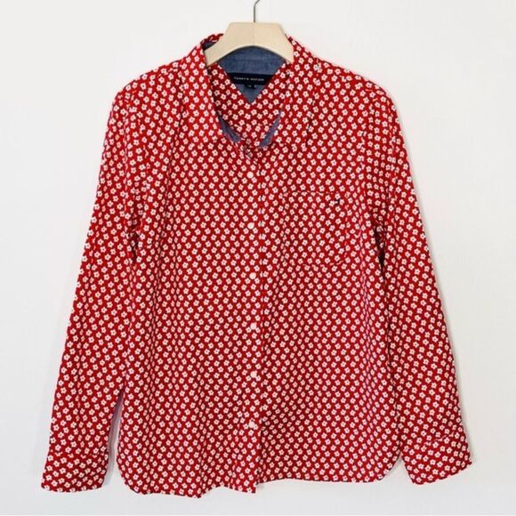 Tommy Hilfiger 3X Scarlet Red White Ditsy Floral Chambray Trim Tab Sleeve Shirt - Picture 2 of 7